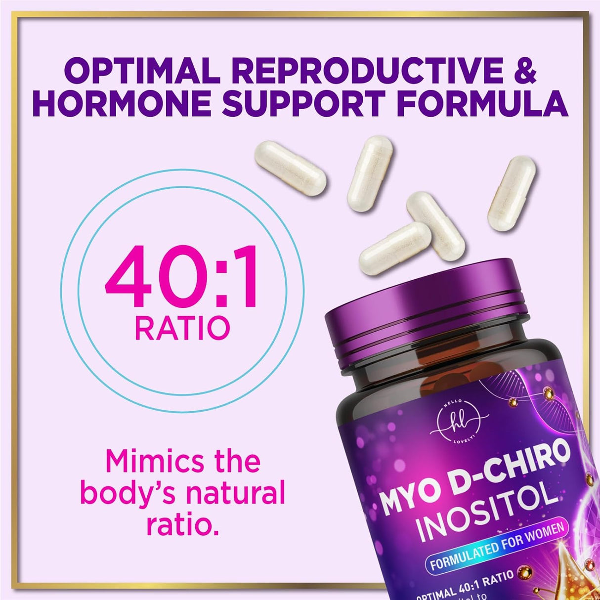 Myo-Inositol & D-Chiro Inositol Supplement 2000mg - Myoinositol with Ideal 40:1 Ratio - Fertility Supplements for Women for Ovarian Health & Hormone Balance Support, Bottled in the USA - 60 Capsules