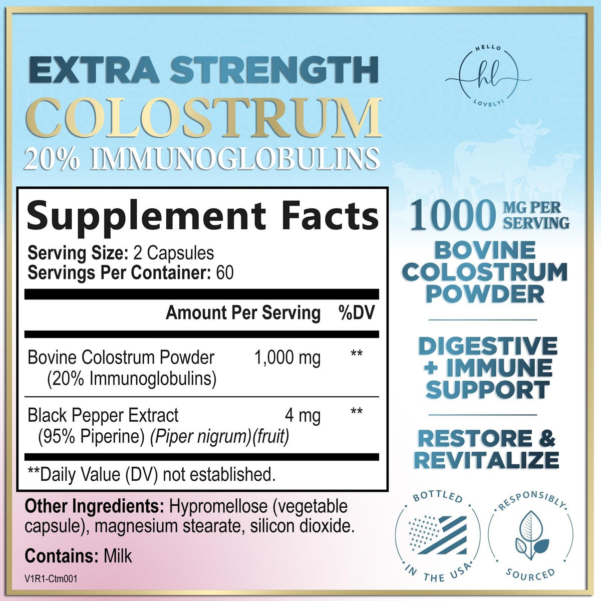 Colostrum, 1,000 mg with 20% Immunoglobulins – 120 Count