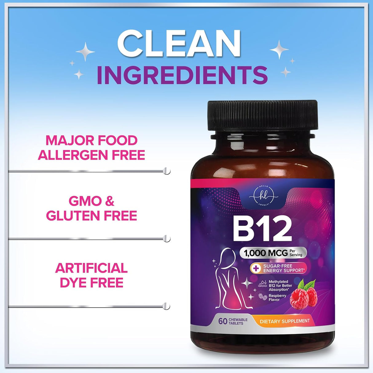 B 12 Vitamin Chewables 1000 mcg - B12 Complex with Heart & Nerve Energy Health Support - Vitamin B-12 Complex for Adults with Immune Health Support - Gluten & Dairy Free - 60 Count