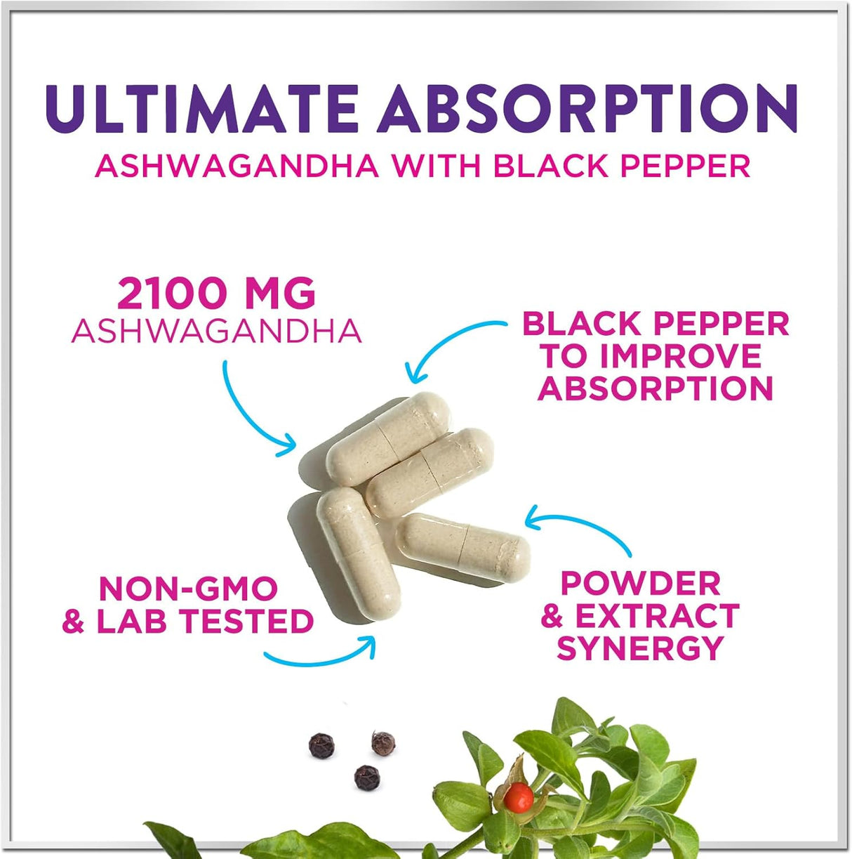 Ashwagandha 2,100 mg Extra Strength - Pure Ashwagandha Powder Antioxidant Support with Black Pepper plus Root Extract Vegan Adaptogen Formula Supplements for Energy and Immune Support - 120 Count