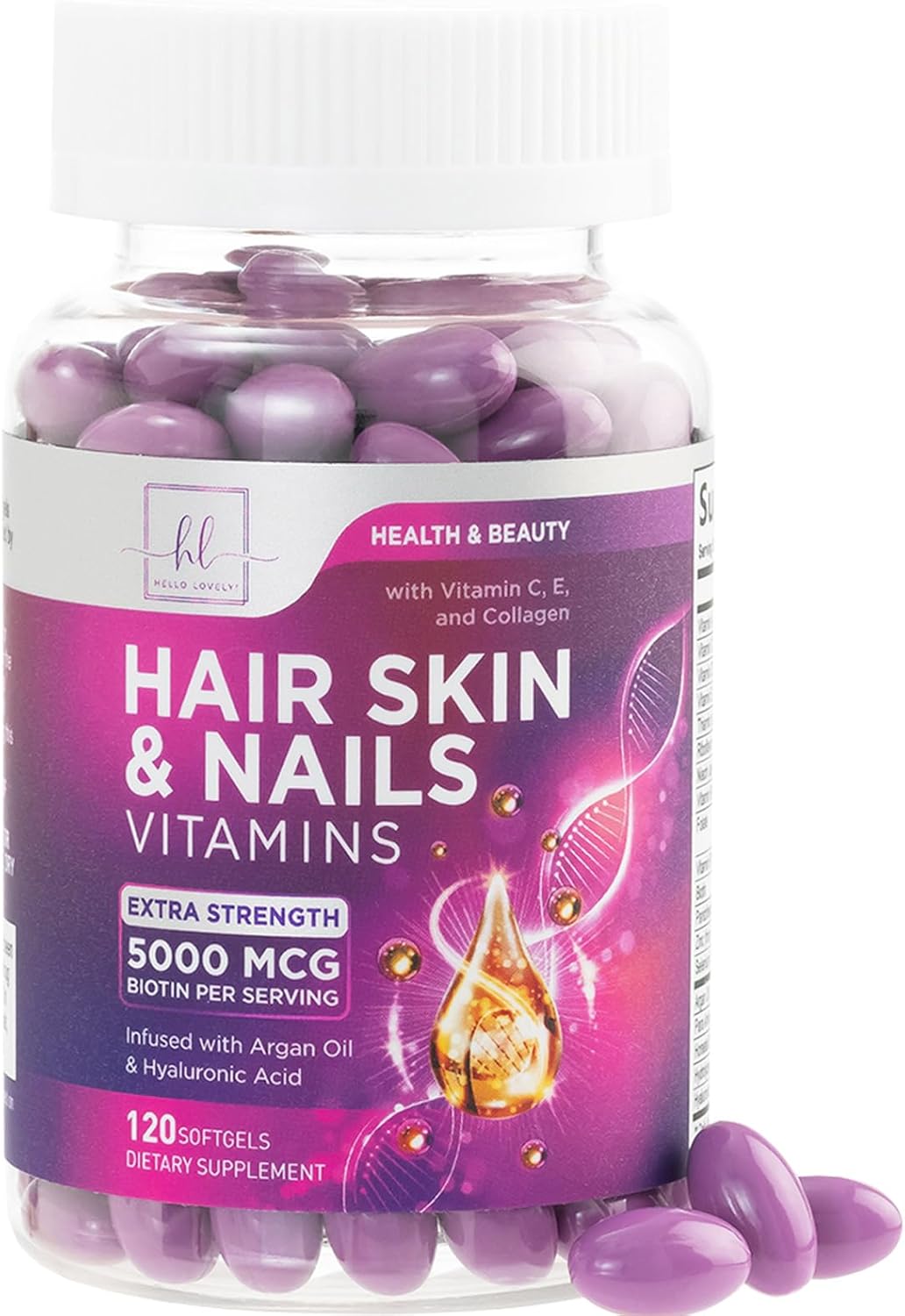 Hair, Skin & Nails Vitamin with Biotin 5000mcg - Hair Vitamins for Women, Keratin & Hair Health, Infused with Argan Oil, Collagen & Hyaluronic Acid, Supports Hair Growth Supplement