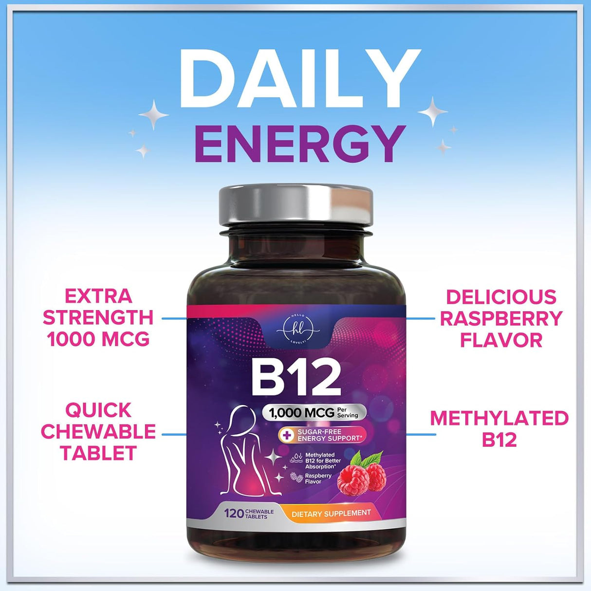 B 12 Vitamin Chewables 1000 mcg - B12 Complex with Heart & Nerve Energy Health Support - Vitamin B-12 Complex for Adults with Immune Health Support - Gluten & Dairy Free