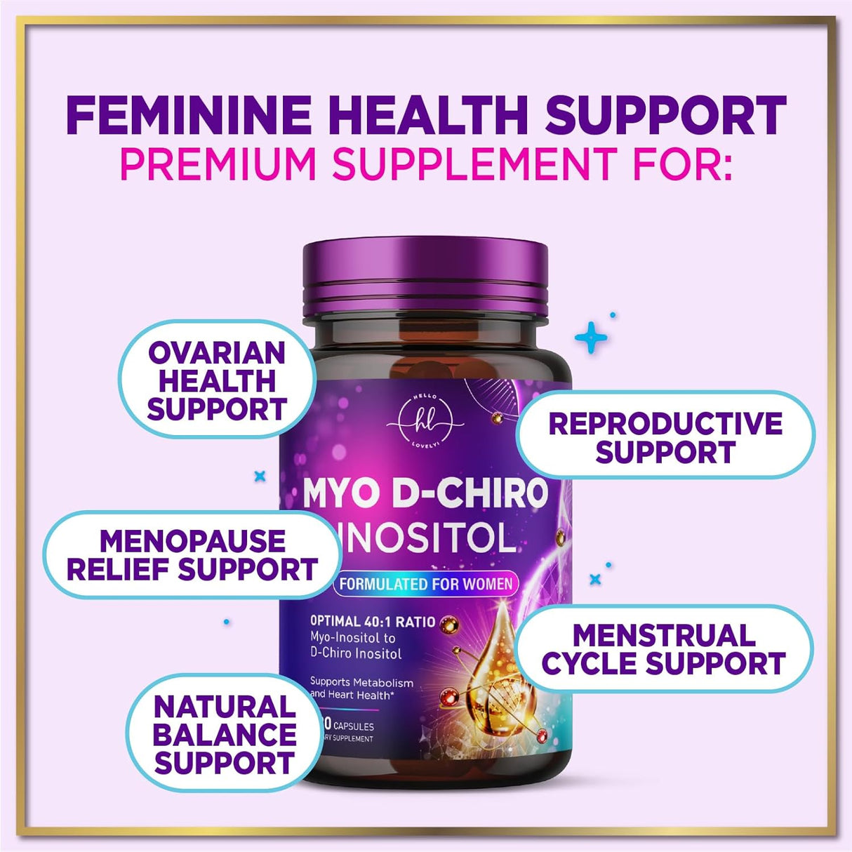 Myo-Inositol & D-Chiro Inositol Supplement 2000mg - Myoinositol with Ideal 40:1 Ratio - Fertility Supplements for Women for Ovarian Health & Hormone Balance Support, Bottled in the USA - 60 Capsules