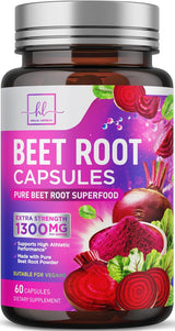 Organic Beet Root Capsules 1300mg - Extra Strength Beetroot Powder Supplement - Supports Blood Pressure, Athletic Performance & Immune System, Non-GMO, Gluten Free - Bottled in the USA - 60 Capsules