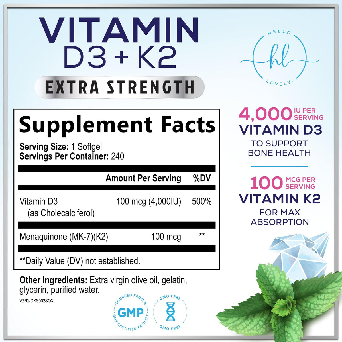 Vitamin D3 5,000 IU + K2 100 mcg – 240 Count