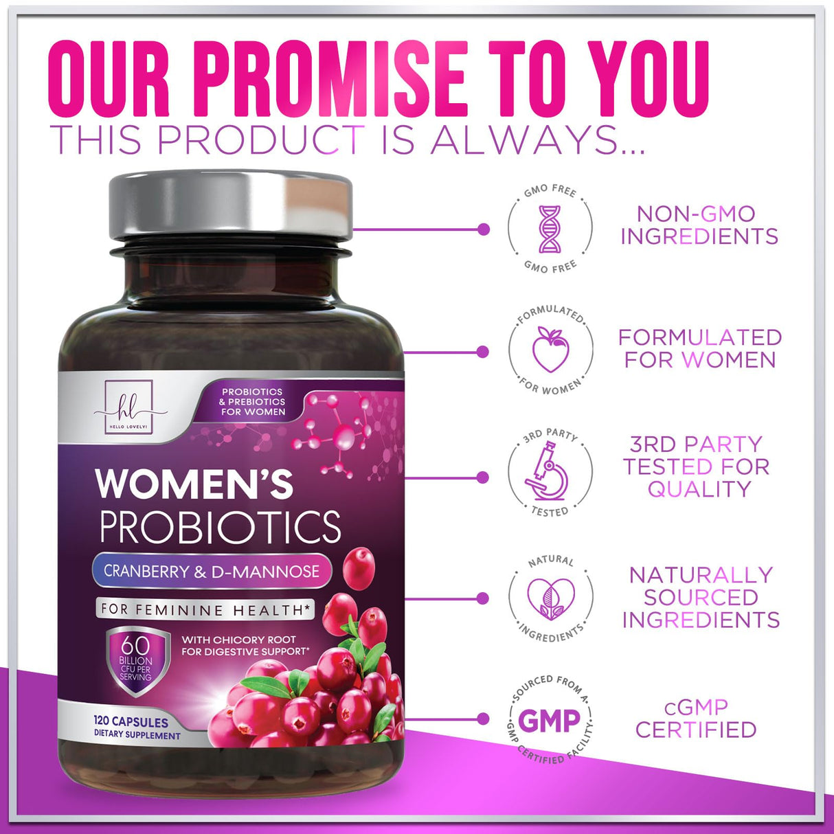 Womens Probiotic, Probiotics for Women 50 Billion CFU, Multi Strains to Support Immune, Digestive with Cranberry for Feminine Vaginal and Urinary Health, Shelf Stable, No Soy Gluten Dairy - 120 Count