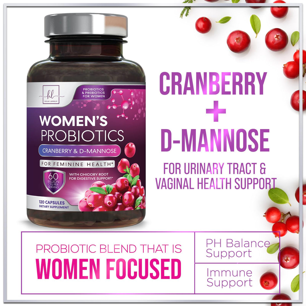 Womens Probiotic, Probiotics for Women 50 Billion CFU, Multi Strains to Support Immune, Digestive with Cranberry for Feminine Vaginal and Urinary Health, Shelf Stable, No Soy Gluten Dairy - 120 Count