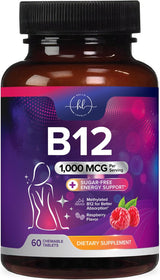 B 12 Vitamin Chewables 1000 mcg - B12 Complex with Heart & Nerve Energy Health Support - Vitamin B-12 Complex for Adults with Immune Health Support - Gluten & Dairy Free