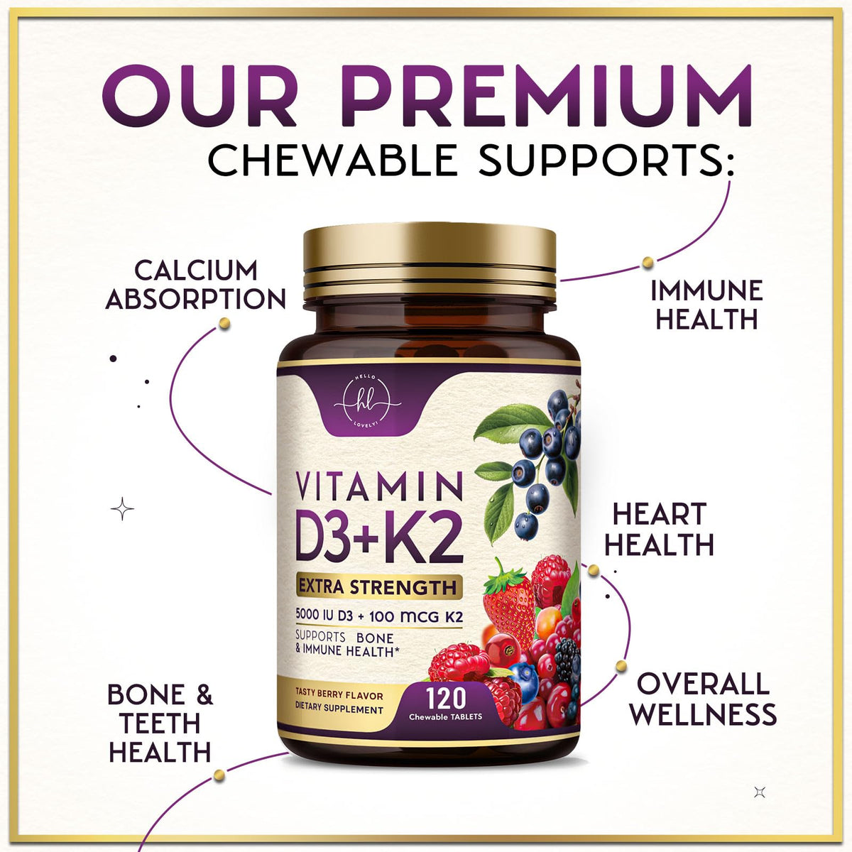 Vitamin D3 5,000 IU + K2 MK-7 Chewables – 120 Tablets