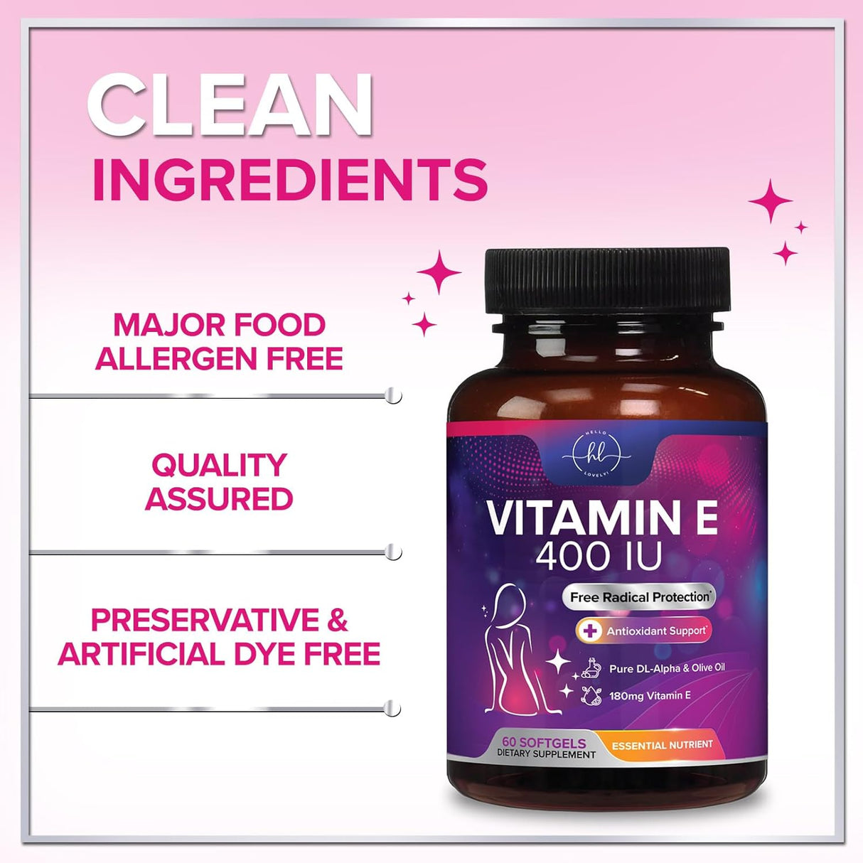 E Vitamin for Women and Men - 180 mg (400 IU) dl-Alpha - Powerful Antioxidant Dietary Supplement - Hair, Skin, & Immune Health Support - Easily Absorbed Form, Non-GMO & Gluten Free - 60 Count
