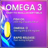 Omega 3 Fish Oil Triple Strength 2400 mg Rapid Release Softgels, Omega-3 Supplements, Natural Brain Heart Joint Health & Immune Support - Fatty Acids with EPA & DHA - Fish Oil Supplement