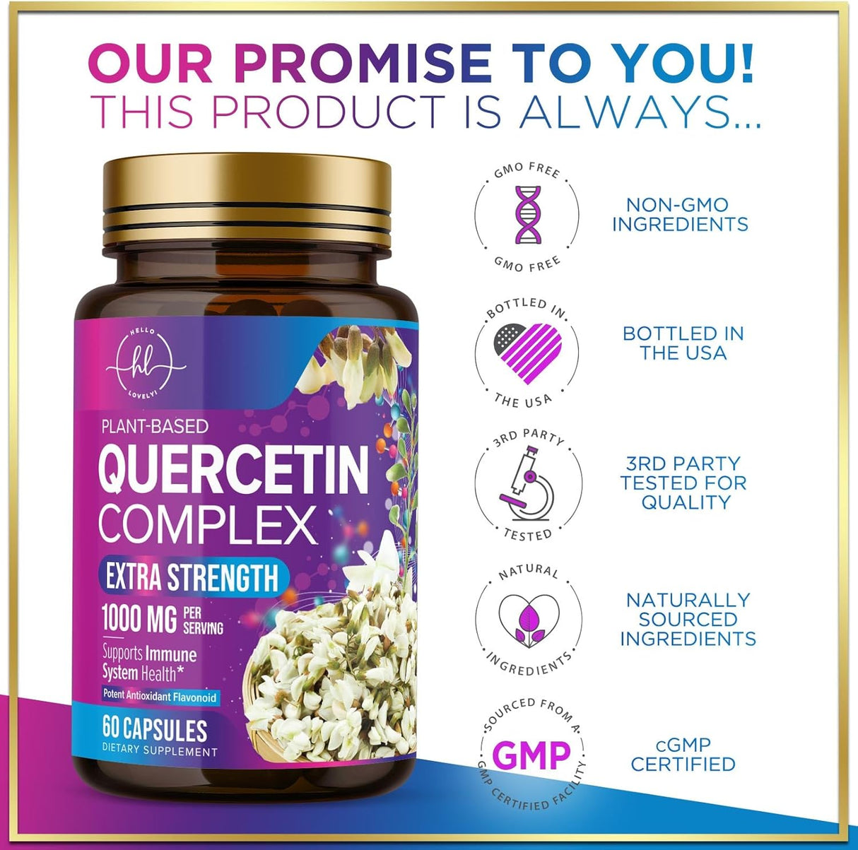 Quercetin Supplement - 500 mg Quercetin Capsules for Heart Health & Immune Support, Extra Strength Quercetin 1000mg Serving, Antioxidant & Respiratory Health, Gluten Free, Non-GMO