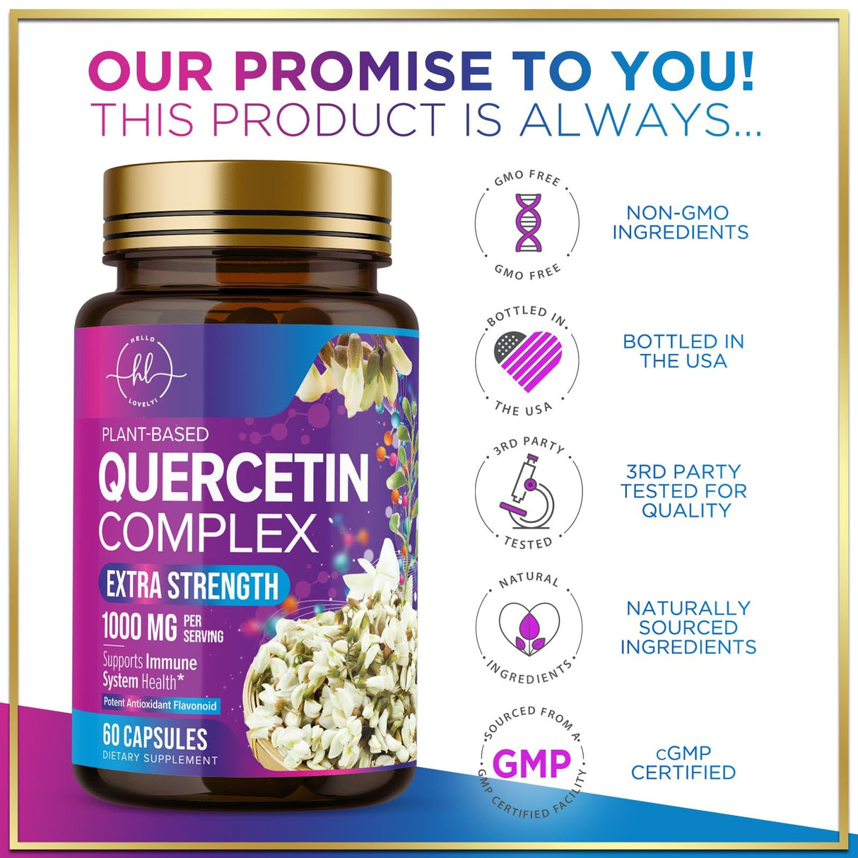 Quercetin 1000mg Servings - Extra Strength Antioxidant Support for Immune & Cellular Health, Quercetin 500mg Capsules for Lung, Respiratory & Heart Support, Vegan, Gluten Free & Non-GMO - 60 Capsules