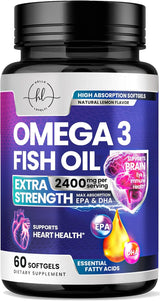 Omega 3 Fish Oil Triple Strength 2400 mg Rapid Release Softgels, Omega-3 Supplements, Natural Brain Heart Joint Health & Immune Support - Fatty Acids with EPA & DHA - Fish Oil Supplement - 60 Count