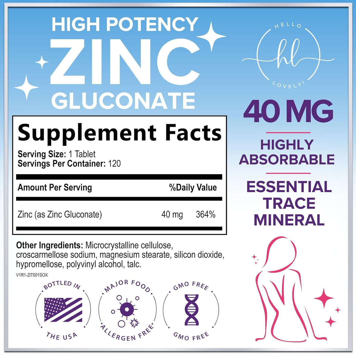 Zinc Supplements for Women and Men - 40mg Supplement for Immune Support, Skin Health Support, & Antioxidant Supplement for Adults, High Potency Zinc Gluconate 40 mg, Non-GMO