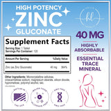 Zinc Supplements for Women and Men - 40mg Supplement for Immune Support, Skin Health Support, & Antioxidant Supplement for Adults, High Potency Zinc Gluconate 40 mg, Non-GMO