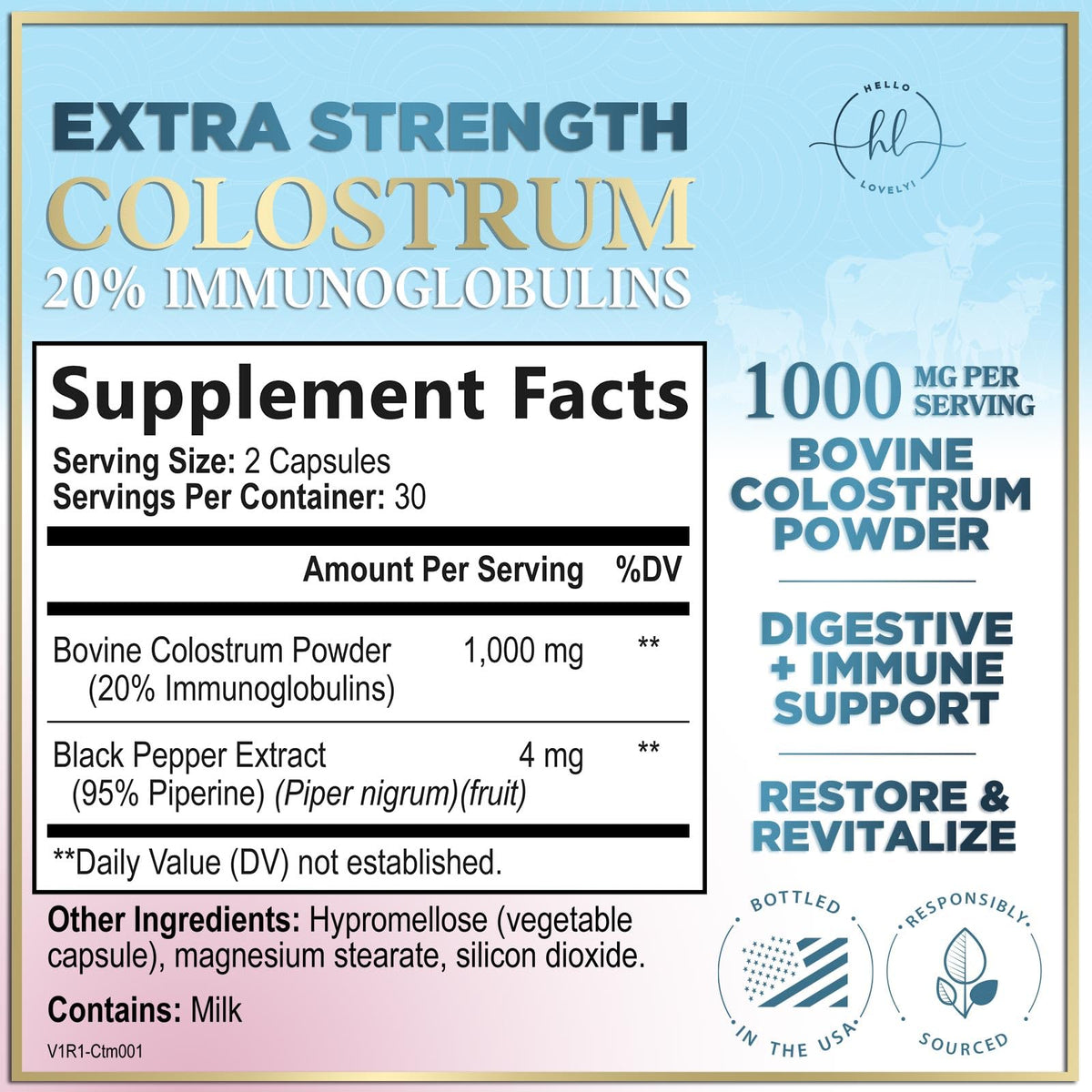 Colostrum, 1,000 mg with 20% Immunoglobulins – 60 Count