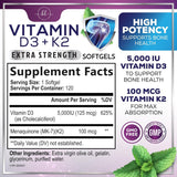 Vitamin D3 5000 IU with K2 100 mcg - D3 K2 Supplement, 2 in 1 Vitamins D & K2 Complex Softgels for Calcium Absorption, Bone, Teeth, Heart & Immune Support, Easy to Swallow, Non GMO - 120 Count