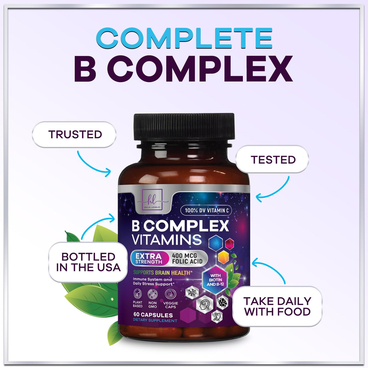B-Complex with Vitamin C + Folic Acid – 60 Capsules