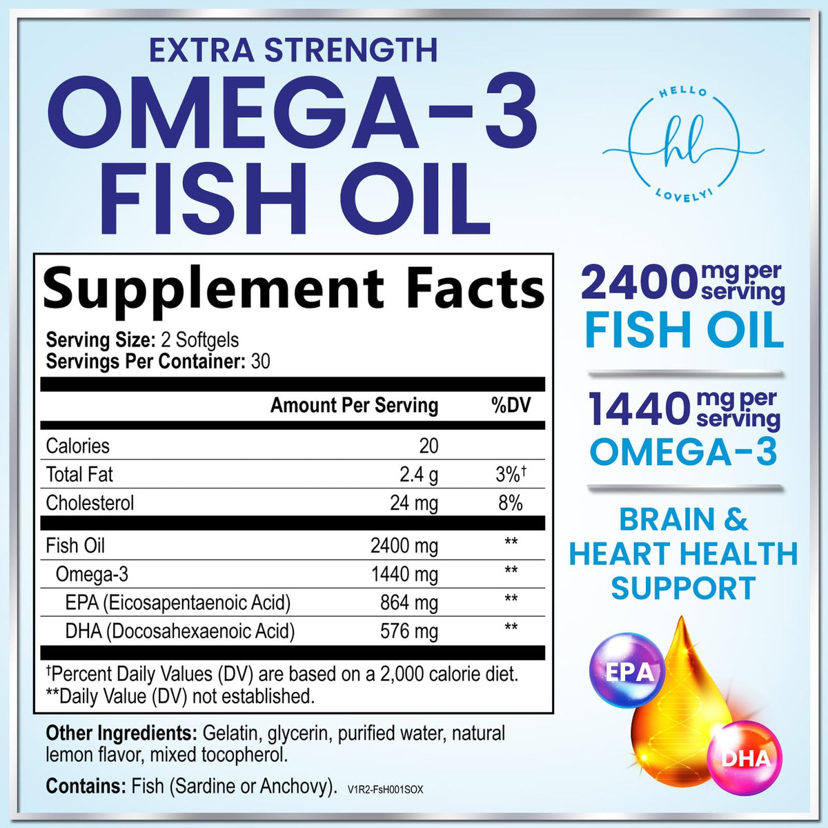 Triple Strength Omega-3 Fish Oil, 2,400 mg – 60 Count