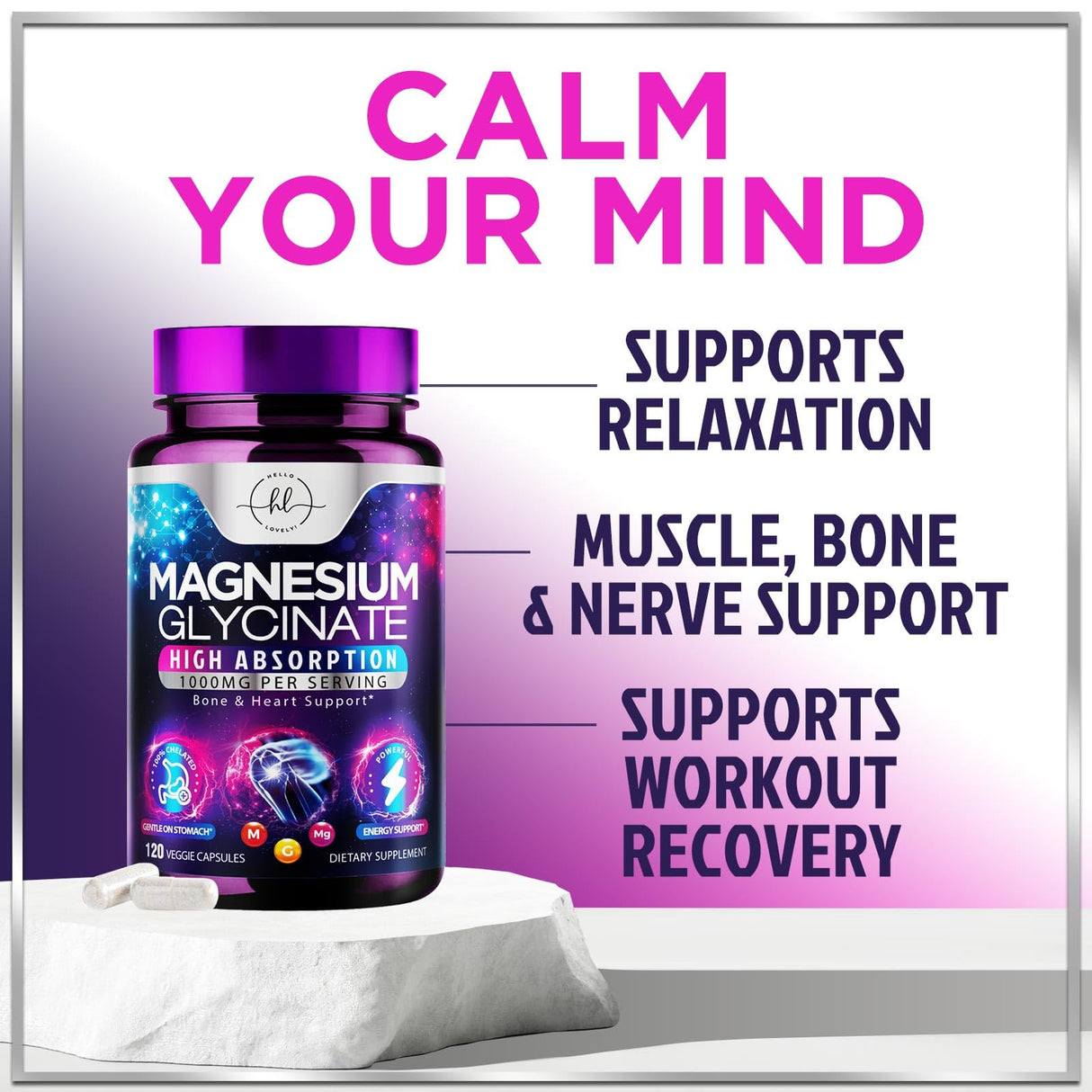 Magnesium Glycinate 1000mg | High Absorption | Chelated to Support Bone, Muscle, Nerves & Heart Health | Natural Sleep & Stress Support Women & Men | Vegan, Gluten & Soy Free, Non-GMO | 120 Capsules