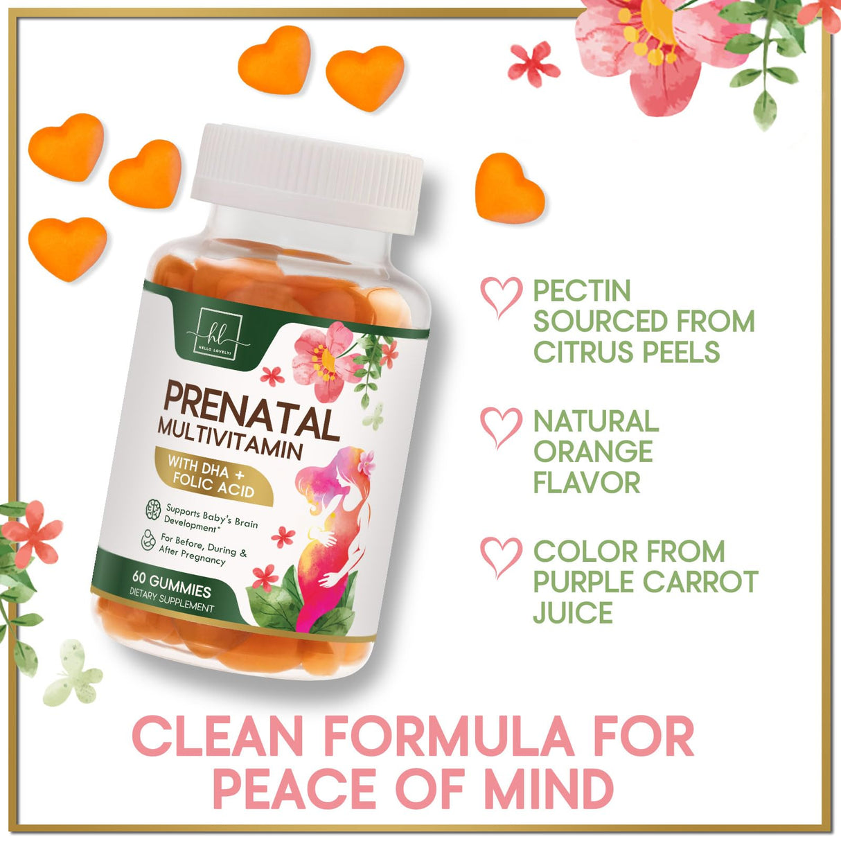 Prenatal Multivitamin Gummy w/ Folic Acid + DHA, Prenatal Vitamins with Omega 3, Vitamins B6, B12, C, D3 & Folate for Pregnancy Support, Prenatal Gummies for Women, Non-GMO Gluten Free - 60 Count