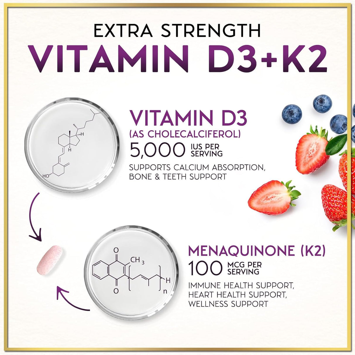 Vitamin D3 K2 - 5000 iu Vitamin D3 Per Serving Vitamin K2 (MK-7) Complex for Immune Support - Natural Bone, Teeth & Muscle Health Support - Berry Chewable, Gluten Free, Bottled in USA - 120 Tablets
