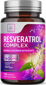 Resveratrol Supplement 1800mg - Extra Strength Antioxidant Complex for Healthy Aging & Immune Support, Heart Health & Cellular Energy Support, Bioavailable Trans-Resveratrol - 120 Vegan Capsules