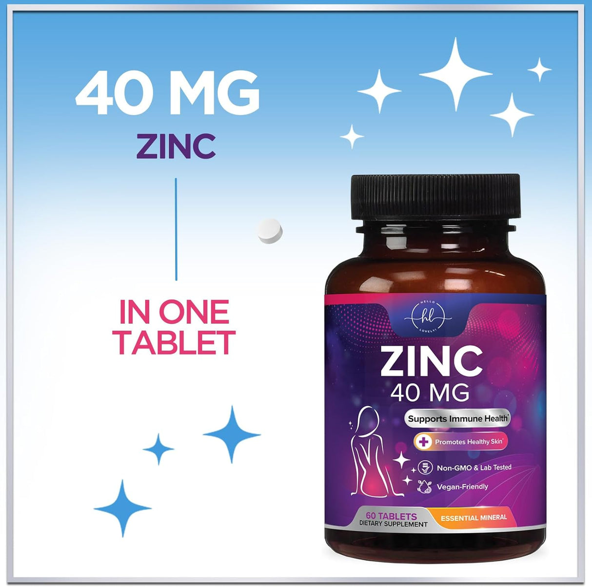 Zinc Supplements for Women and Men - 40mg Supplement for Immune Support, Skin Health Support, & Antioxidant Supplement for Adults, High Potency Zinc Gluconate 40 mg, Non-GMO - 60 Count