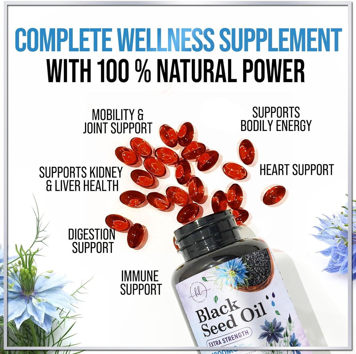 Premium Black Seed Oil Capsules - Extra Strength 1000mg - 100% Blackseed Oil for Immune Support & Skin Health (Non-GMO & Vegan) Pure Cold-Pressed Nigella Sativa Black Cumin Seed Oil