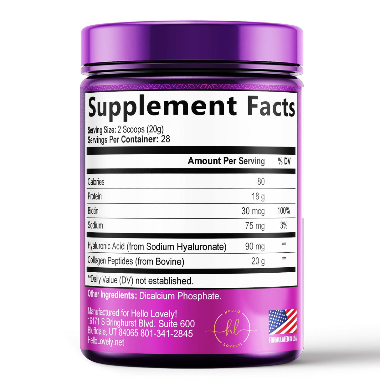 Hydrolyzed Collagen Peptides Powder 20g With Hyaluronic Acid & Biotin - Unflavored Grass Fed Collagen Powder with Type I & III Collagen Supplements - Hair, Nail, Skin & Joint Support