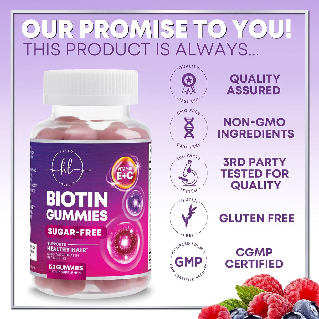 Hair Growth Vitamins Biotin 5000 mcg Supports Women's Thicker Hair, Premium Vegetarian, Non-GMO, Stronger Beautiful Skin & Nails, Lovely Hair Vitamin Supplement - 120 Count