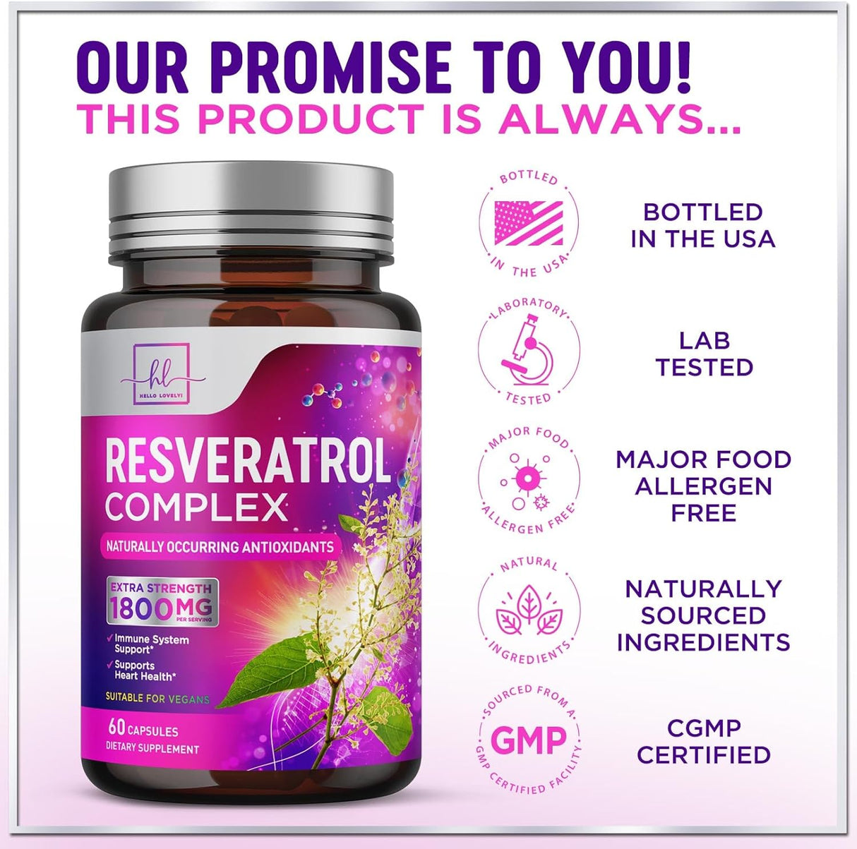 Resveratrol Supplement 1800mg - Extra Strength Antioxidant Complex for Healthy Aging & Immune Support, Heart Health & Cellular Energy Support, Bioavailable Trans-Resveratrol - 60 Vegan Capsules