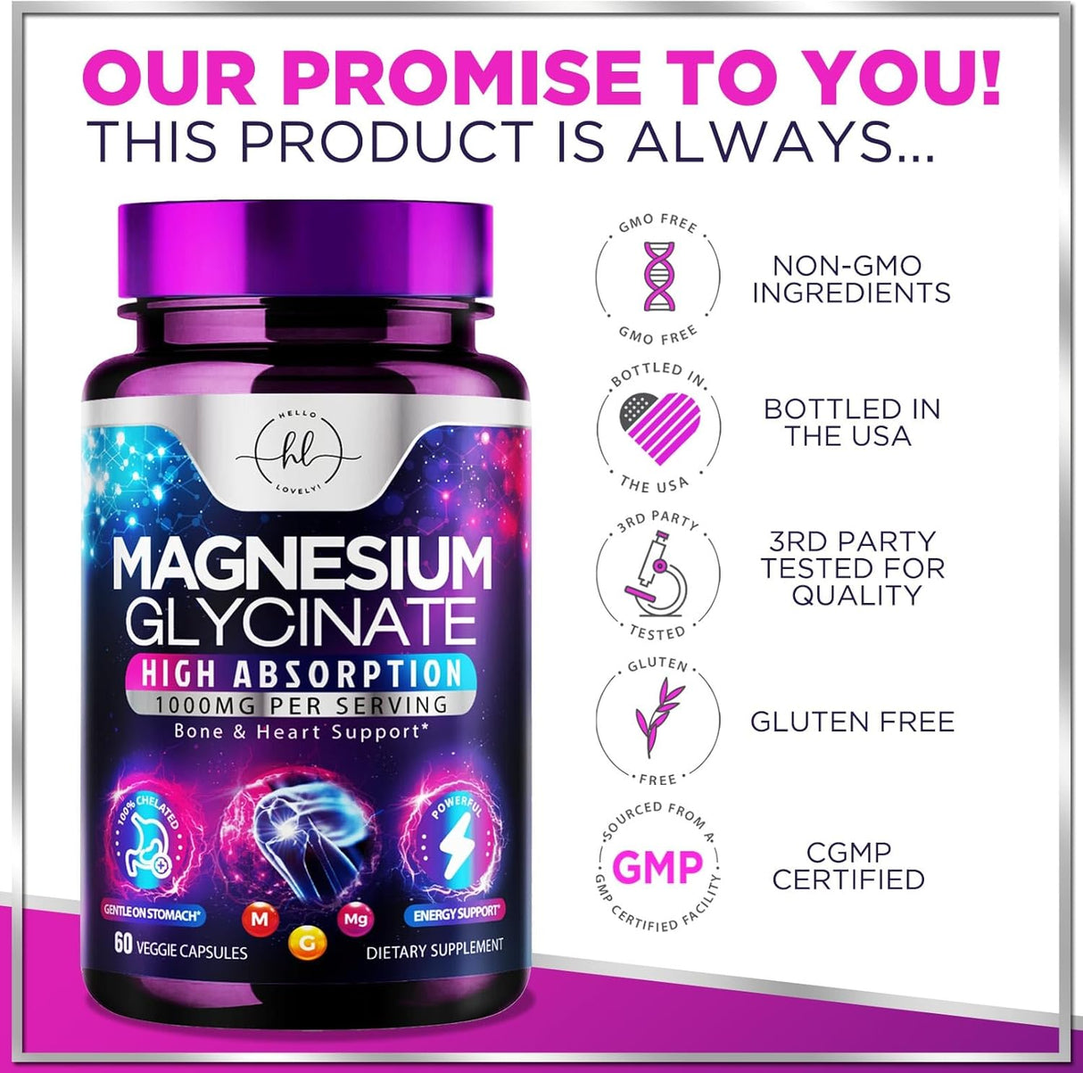 Magnesium Supplement for Women & Men - 140mg Total Magnesium from 1000mg Magnesium Glycinate to Support Muscle, Nerve, Bone & Heart Health - Natural, Vegan, High Absorption & Chelated - 60 Count