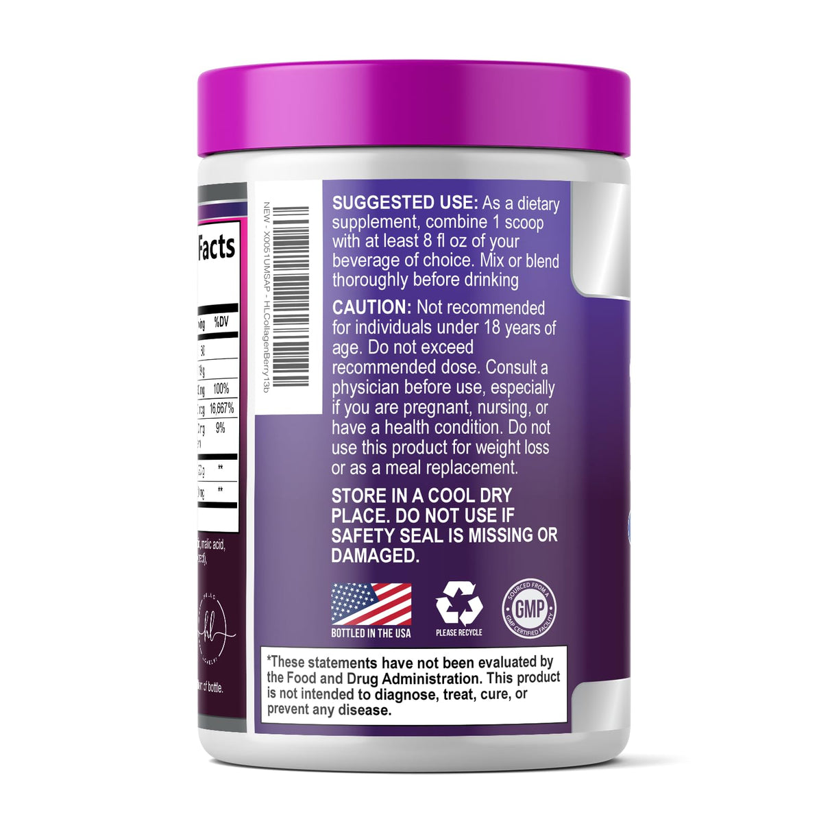 Collagen Peptides Powder 20g - Hydrolyzed Type 1 & 3 Berry Flavor Collagen Powder - Biotin, Hyaluronic Acid, Vitamin C - Hair, Skin, & Nails Support Supplement for Women & Men - Bottled in USA, 10.5oz