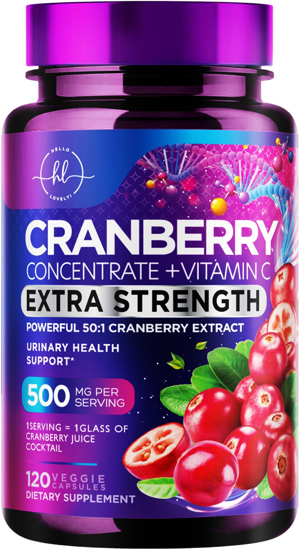 Cranberry Supplement 25,000mg Formula + Vitamin C â€“ Urinary Tract Health Support for Women & Men, 50:1 Whole Fruit Cranberry Extract Pills for Women, Sugar-Free, Non-GMO, Gluten-Free - 120 Capsules