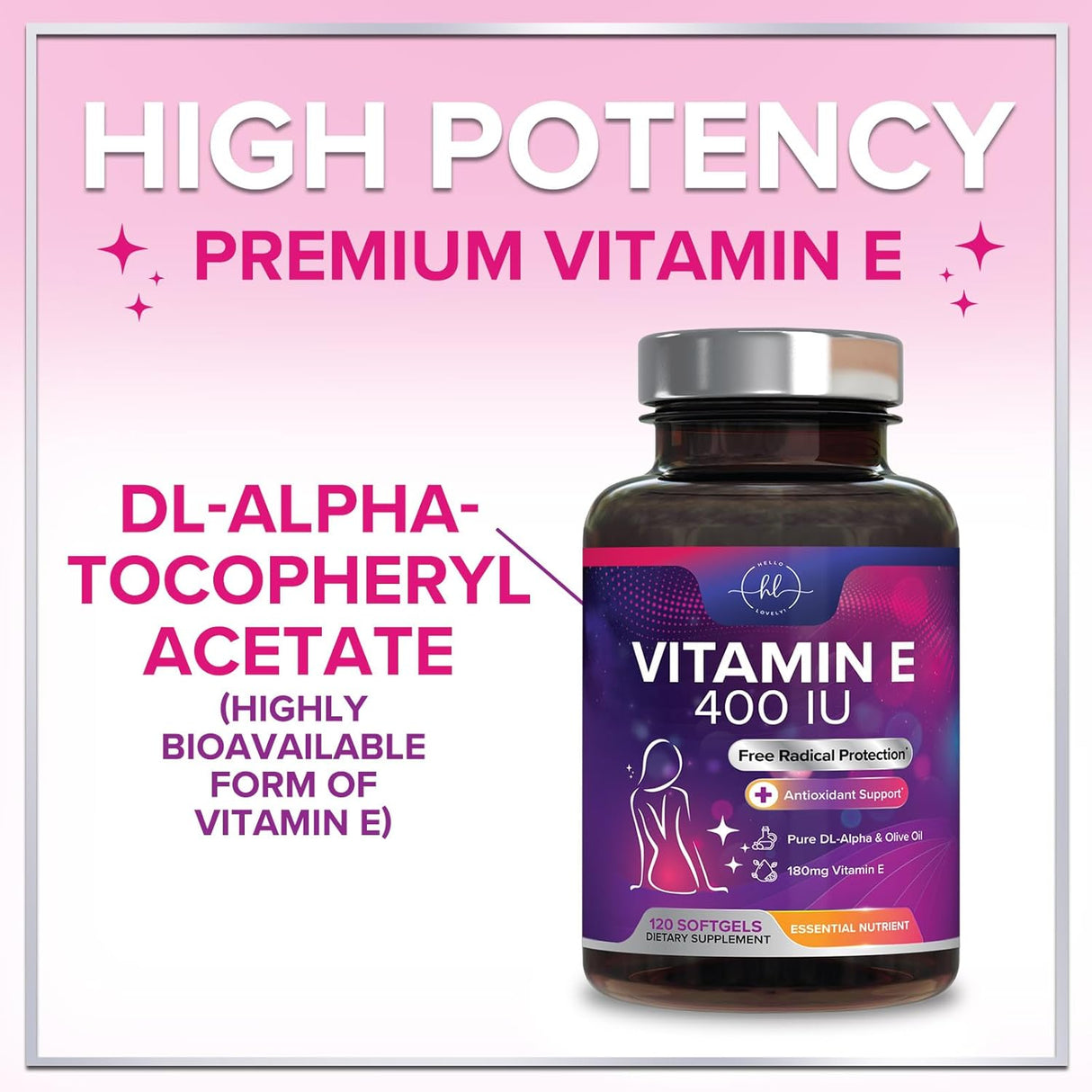 E Vitamin for Women and Men - 180 mg (400 IU) dl-Alpha - Powerful Antioxidant Dietary Supplement - Hair, Skin, & Immune Health Support - Easily Absorbed Form, Non-GMO & Gluten Free