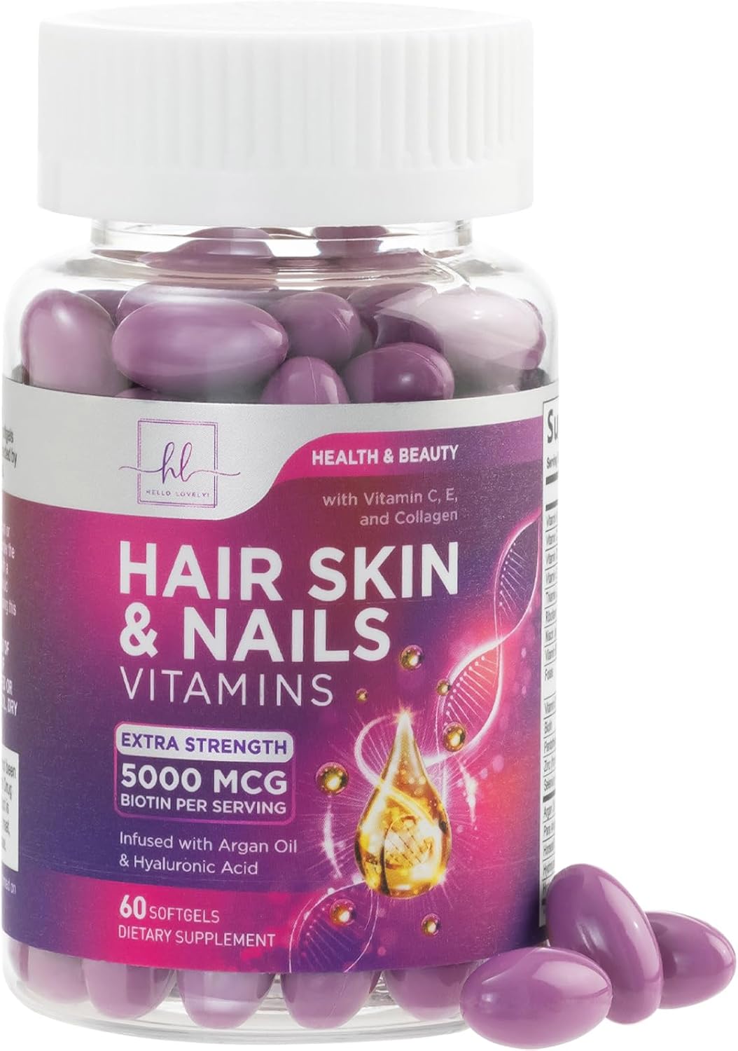 Hair, Skin & Nails Vitamin with Biotin 5000mcg - Hair Vitamins for Women, Keratin & Hair Health, Infused with Argan Oil, Collagen & Hyaluronic Acid, Supports Hair Growth Supplement