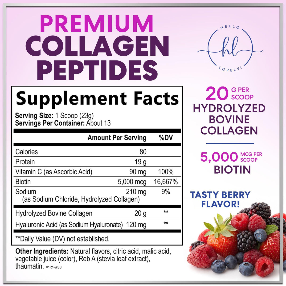 Collagen Peptides Powder 20g - Hydrolyzed Type 1 & 3 Berry Flavor Collagen Powder - Biotin, Hyaluronic Acid, Vitamin C - Hair, Skin, & Nails Support Supplement for Women & Men - Bottled in USA, 10.5oz