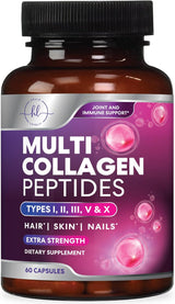 Multi Collagen Peptides - Extra Strength Collagen Supplement, Supports Healthy Skin, Hair, Nails & Joints, Hydrolyzed Collagen Complex Type I, II, III, V & X - Grass Fed, Non GMO - 60 Count