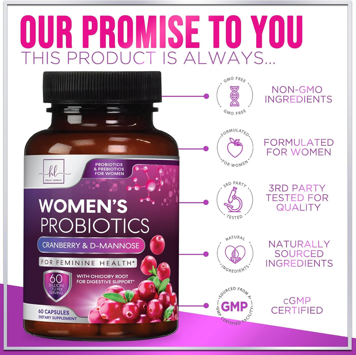 Womens Probiotic, Probiotics for Women 50 Billion CFU, Multi Strains to Support Immune, Digestive with Cranberry for Feminine Vaginal and Urinary Health, Shelf Stable, No Soy Gluten Dairy - 60 Count