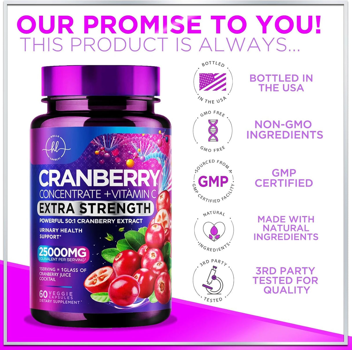 Cranberry Extract Pills + Vitamin C (25,000mg Formula) Urinary Tract Support, Sugar Free Cranberry Supplement for Women & Men, Cranberry for Urinary Health Support, NON-GMO, Gluten Free - 60 Count