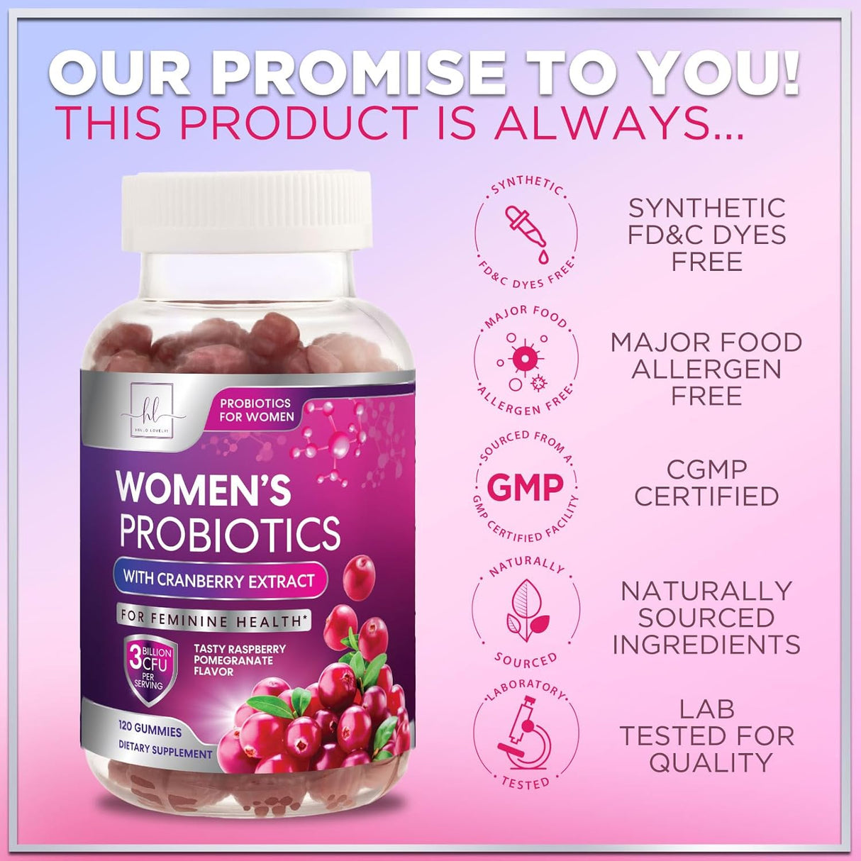 Womens Probiotic CFU Guaranteed with Cranberry, Vegan Strains, Probiotics for Women Supports Digestive, Immune, & Vaginal Health, Lovely Shelf Stable Gummy Supplement, No Soy Gluten - 120 Count