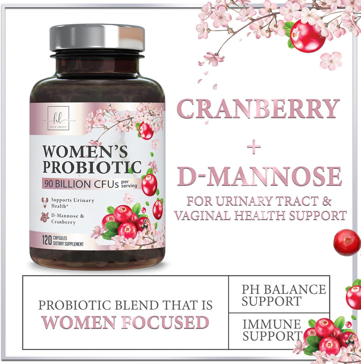 Probiotics for Women with Prebiotics - Womens Probiotic for Digestive, Vaginal, Urinary & Immune Health Support, 90 Billion CFU & 16 Diverse Strains, Cranberry & D-Mannose, Non-GMO