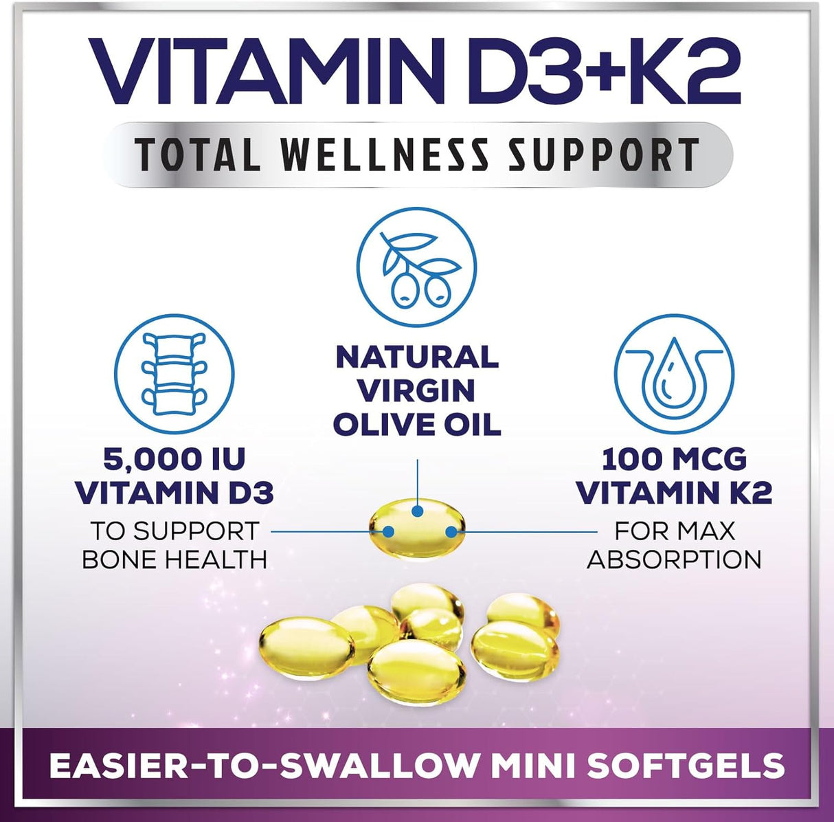 Vitamin D3 5000 IU with K2 100 mcg - D3 K2 Supplement, 2 in 1 Vitamins D & K2 Complex Softgels for Calcium Absorption, Bone, Teeth, Heart & Immune Support, Easy to Swallow, Non GMO