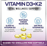 Vitamin D3 5000 IU with K2 100 mcg - D3 K2 Supplement, 2 in 1 Vitamins D & K2 Complex Softgels for Calcium Absorption, Bone, Teeth, Heart & Immune Support, Easy to Swallow, Non GMO