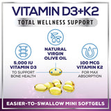 Vitamin D3 K2 - Vitamin D3 (5000 iu) & 100 mcg Vitamin K2 (MK-7) Complex for Immune Support & Bone, Teeth & Muscle Health - Easy to Swallow, Gluten Free, Non-GMO, Bottled in USA - 240 Softgels