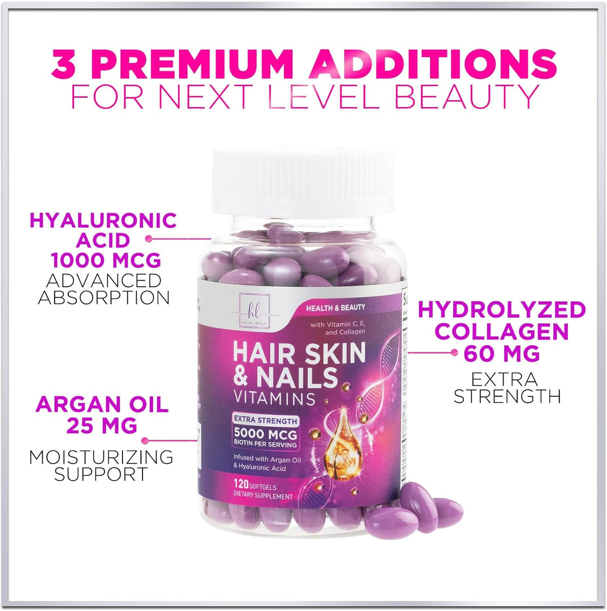 Hair, Skin & Nails Vitamin with Biotin 5000mcg - Hair Vitamins for Women, Keratin & Hair Health, Infused with Argan Oil, Collagen & Hyaluronic Acid, Supports Hair Growth Supplement