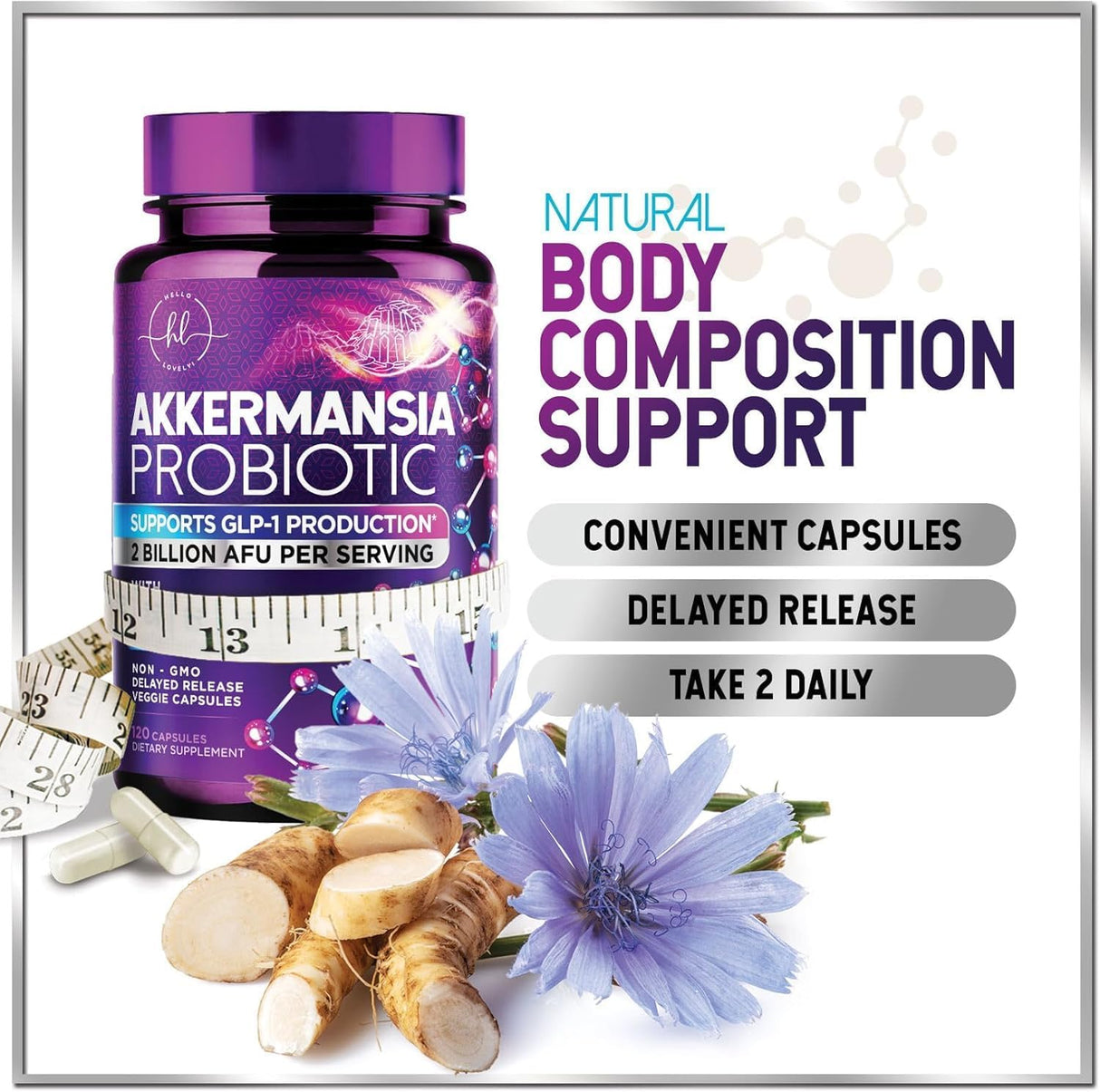 Akkermansia Probiotic Supplement with Prebiotic Inulin Fiber - 2 Billion AFU to Support GLP-1 Production, Digestive Health, Immune Support - Akkermansia Muciniphila Good Gut Health - 120 Count
