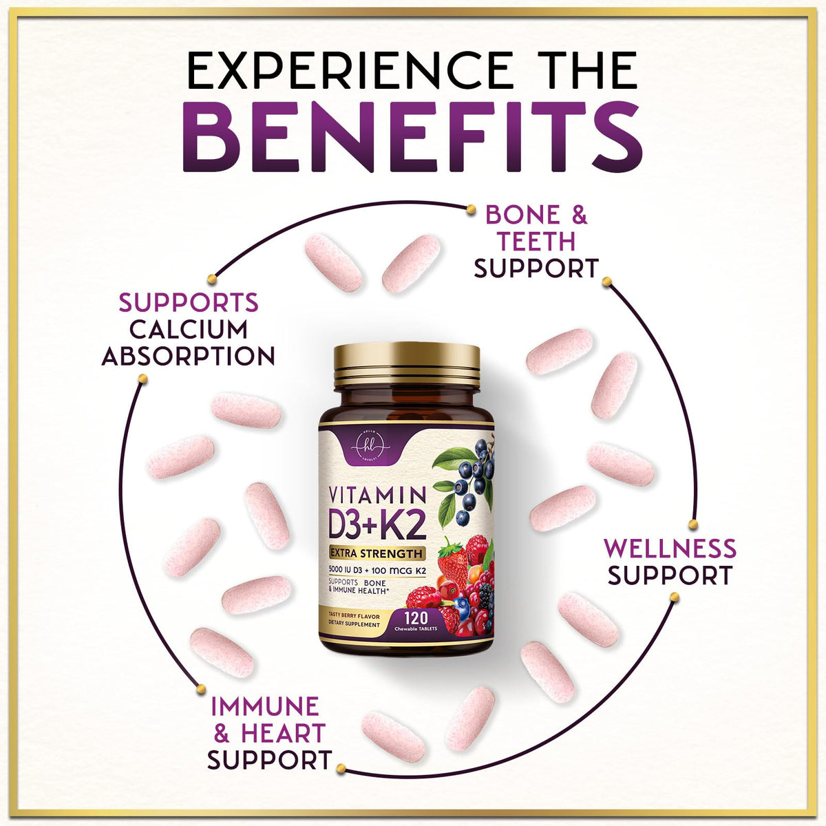 Vitamin D3 5,000 IU + K2 MK-7 Chewables – 120 Tablets